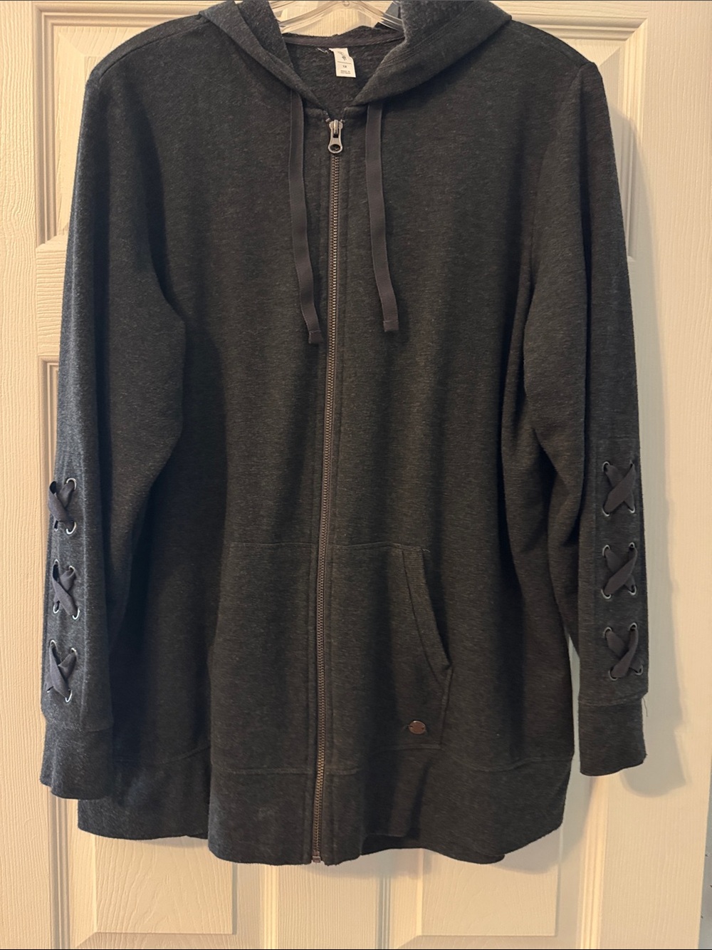 Ideology Charcoal Gray Hooded Zip Jacket with Lace-Up Sleeve Detail